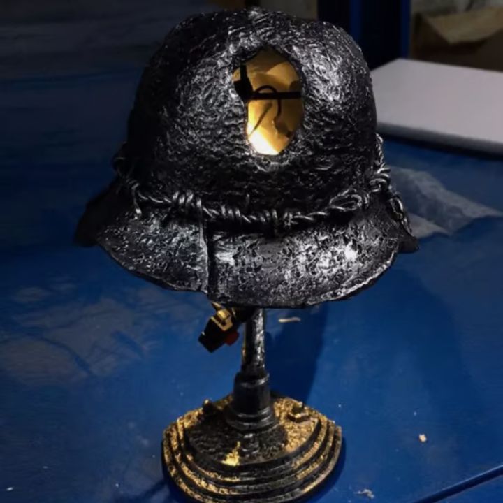 Vintage Steel Military Helmet Table Lamp with LED Flame Effect