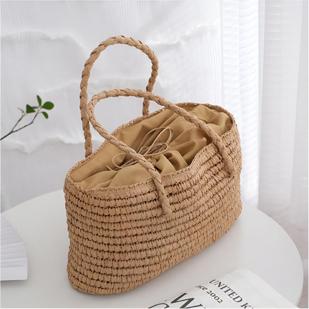 Natural Woven Straw Tote Bag with Drawstring Closure