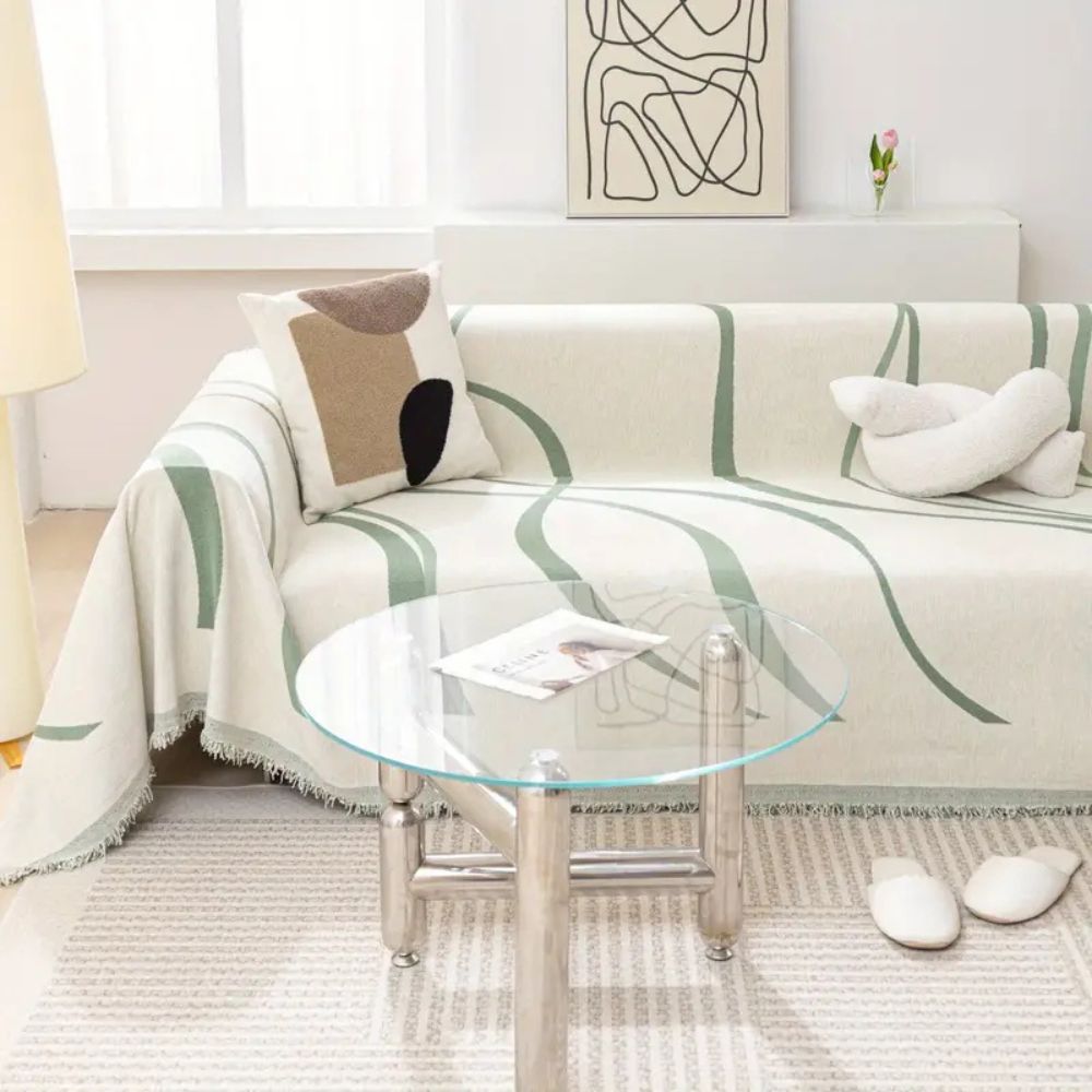 Chenille Sofa Cover with Wave Lines and Tassels