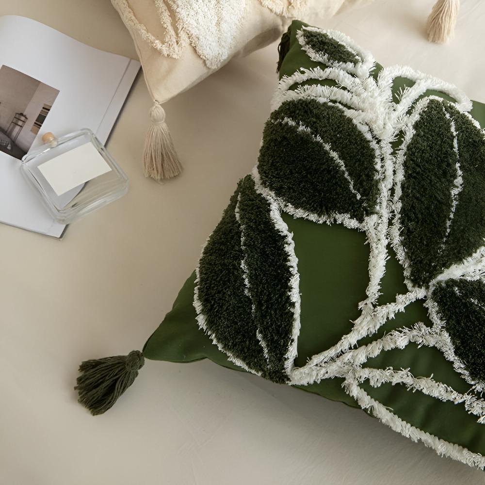 Leaf Motif Plush Cushion Cover with Tassel