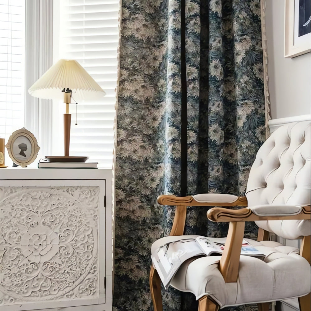 Navy Floral Tassel Curtains for Boho Decor