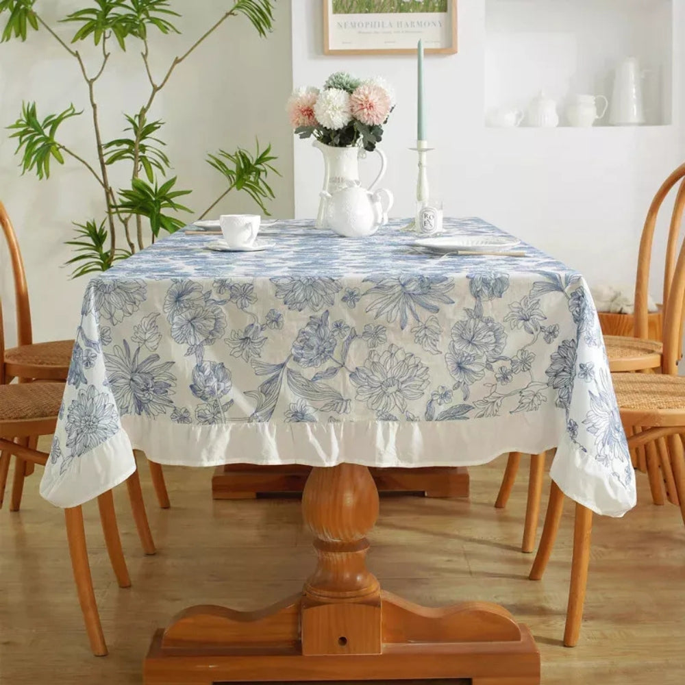 Blue Floral Lace Tablecloth with Ruffled Edges