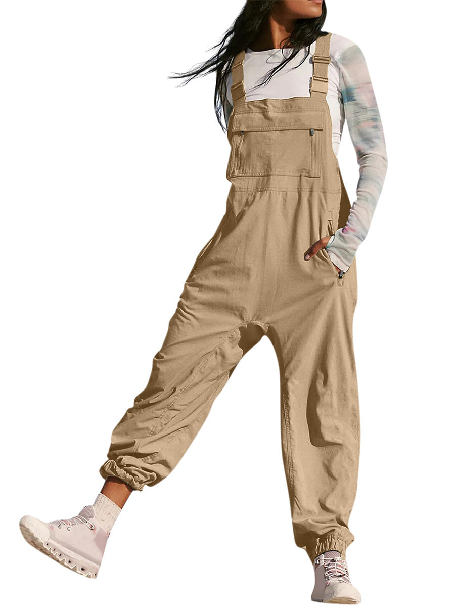 Loose Fit Women's Cargo Overalls with Zippered Pockets