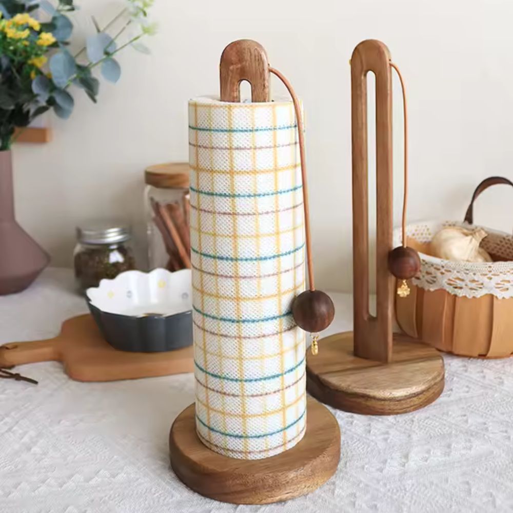 Acacia Wood Paper Roll Holder with Anti-Slip Base