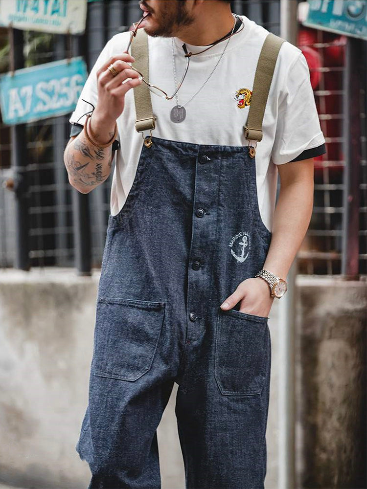 Navy Cotton Denim Deck Overalls for Men
