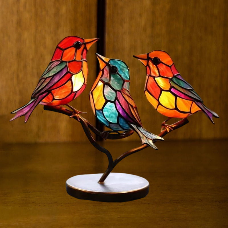 Colorful Glass Bird Ornaments on Branch