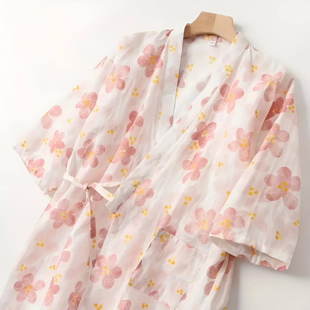 Floral Cotton Yukata Bathrobe with Adjustable Waist