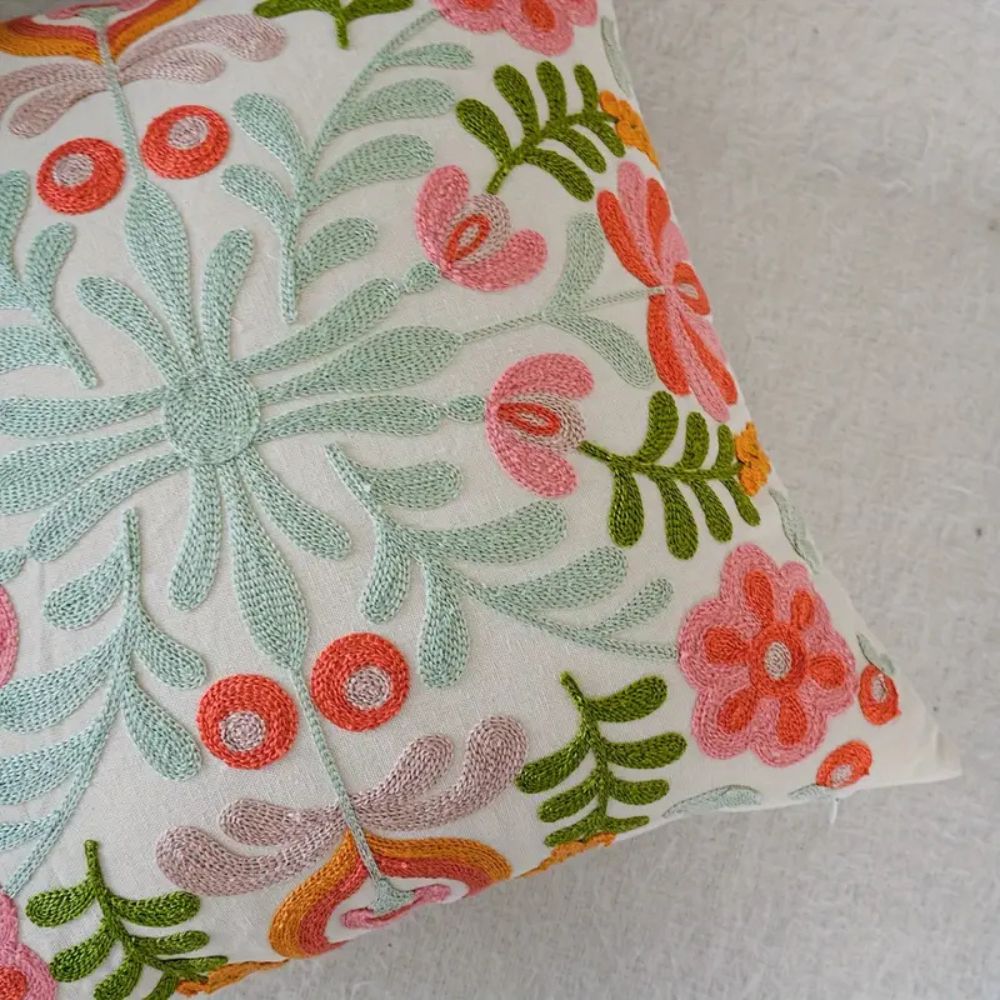 Embroidered Floral Microfiber Cushion Cover