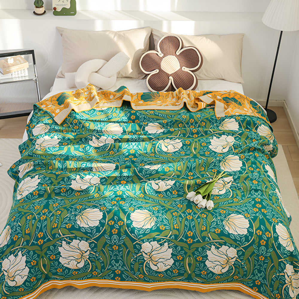 Botanical Green Cotton Blanket with Golden Border