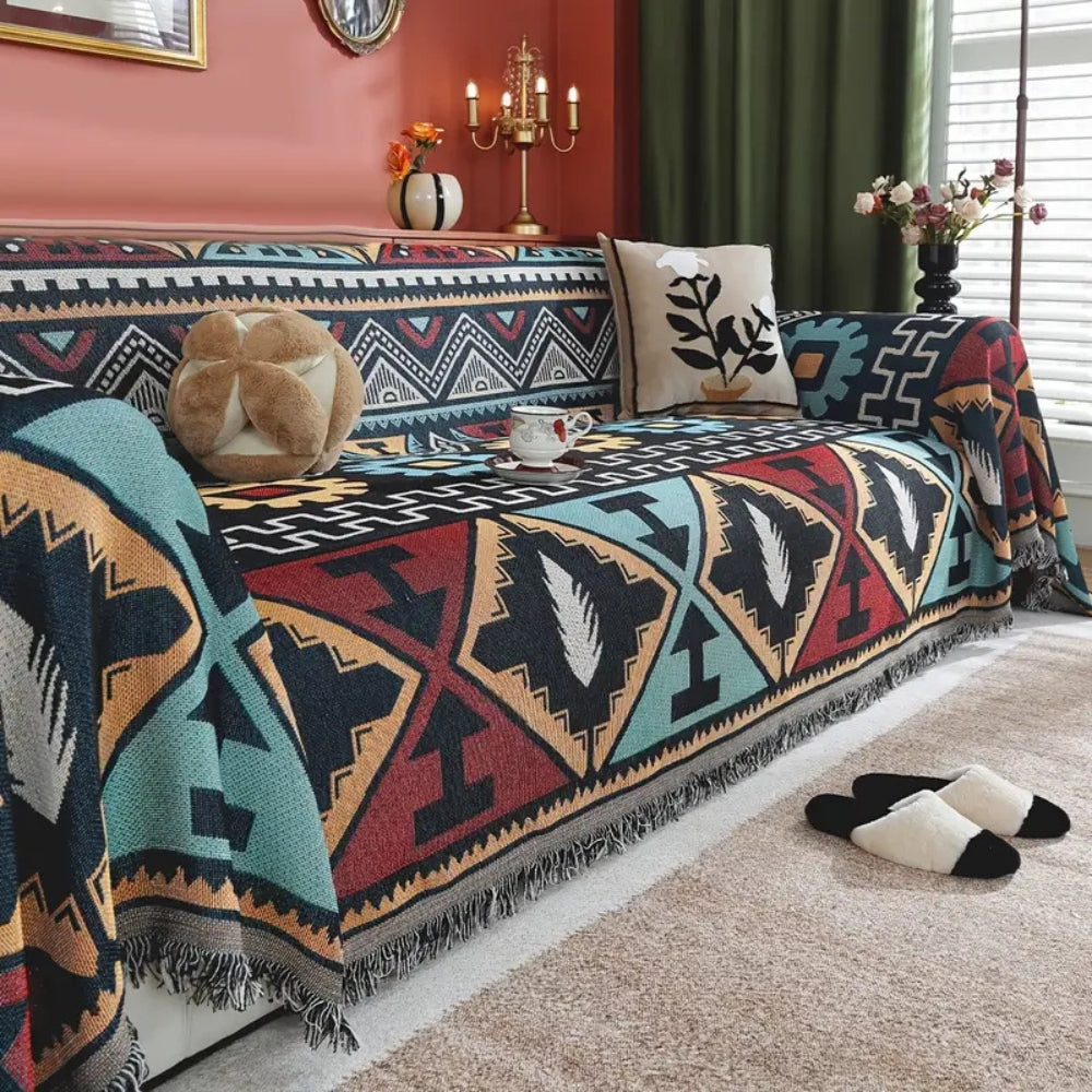 Aztec Geometric Microfiber Sofa Cover with Tassels