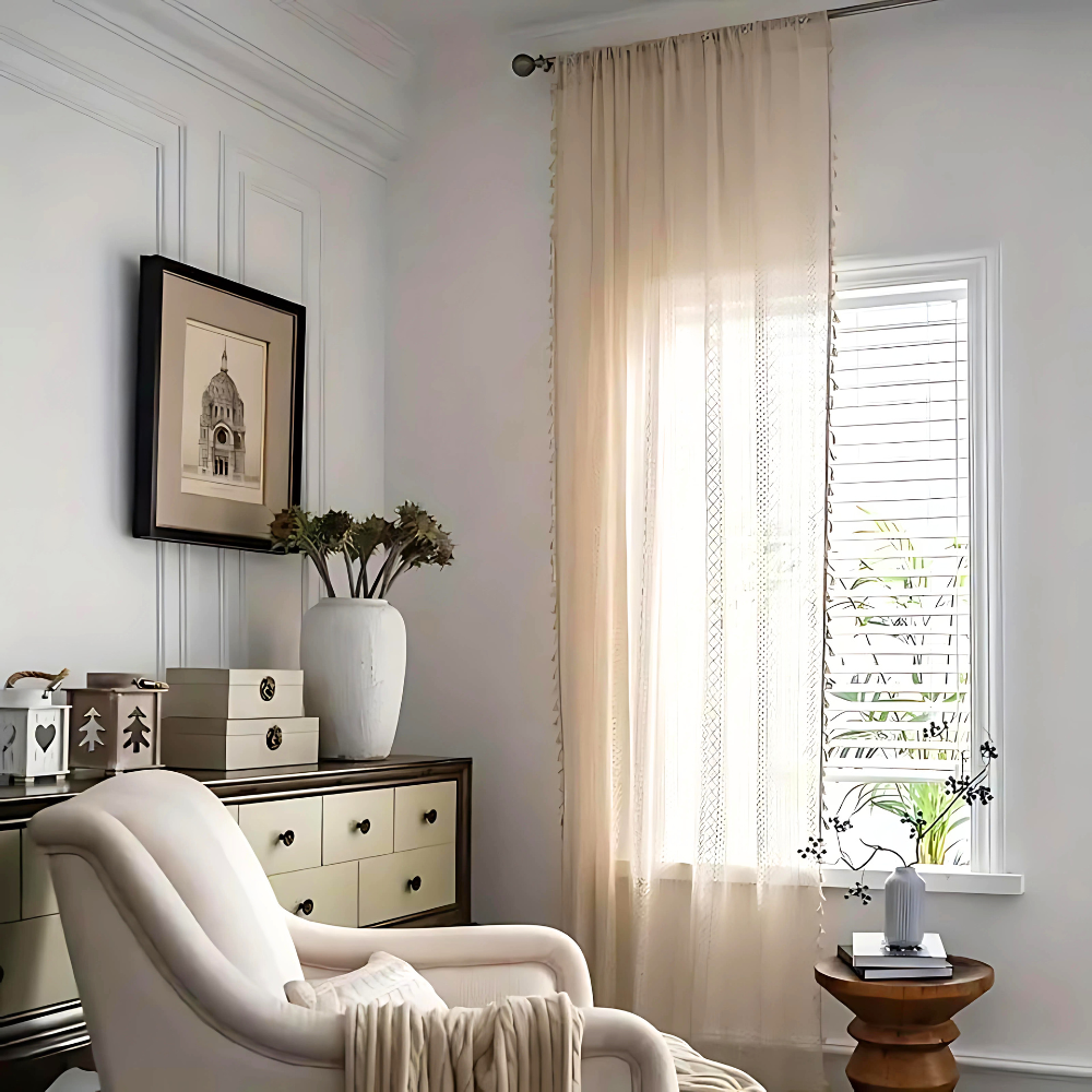 Bohemian Tassel Trim Crochet Curtain