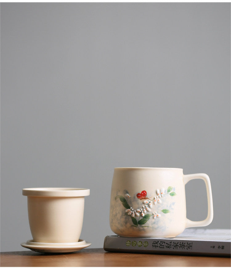 Dancing Butterfly Ceramic Tea Cup with Infuser and Lid