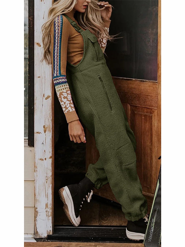 Women's Fleece Thermal Overalls with Adjustable Straps and Zippered Pockets