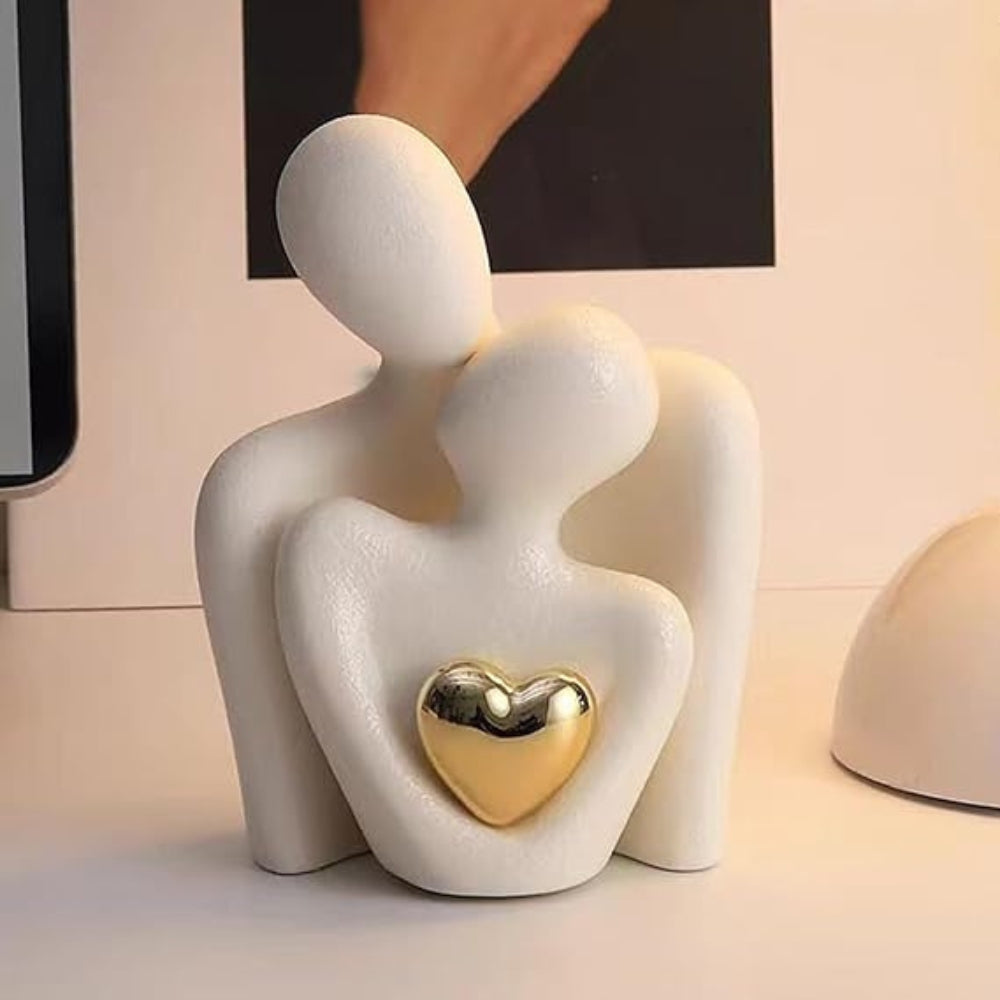Abstract Lovers Figurine with Golden Heart - Modern Resin Sculpture