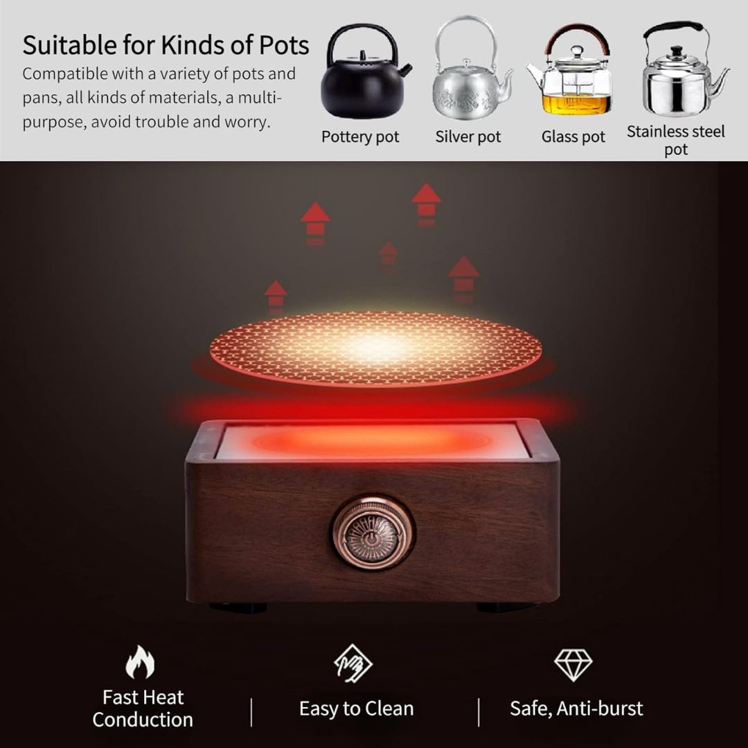 Elegant Walnut Tea Warmer with Adjustable Temperature Control
