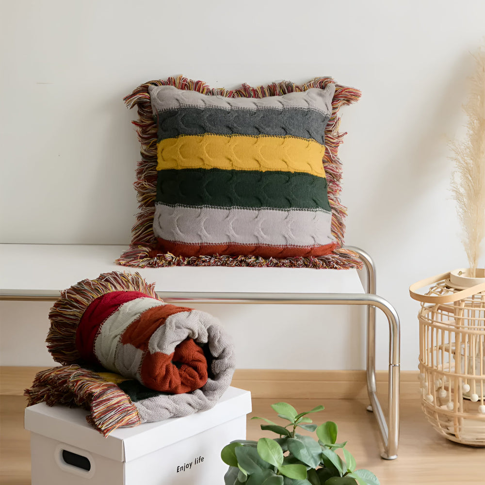 Colorful Cable Knit Cushion in Warm Autumn Hues