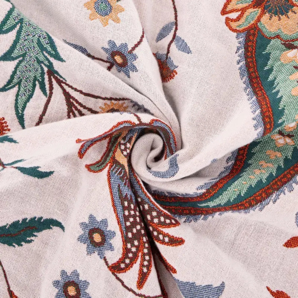 Reversible Floral Cotton Blanket with Tassels