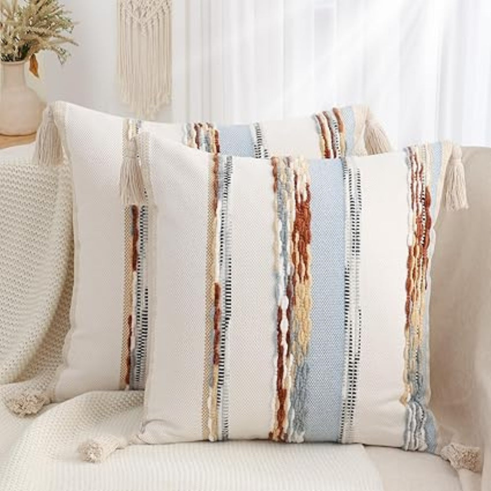 Double-Sided Boho Stripe Cushion Cover with Tassels