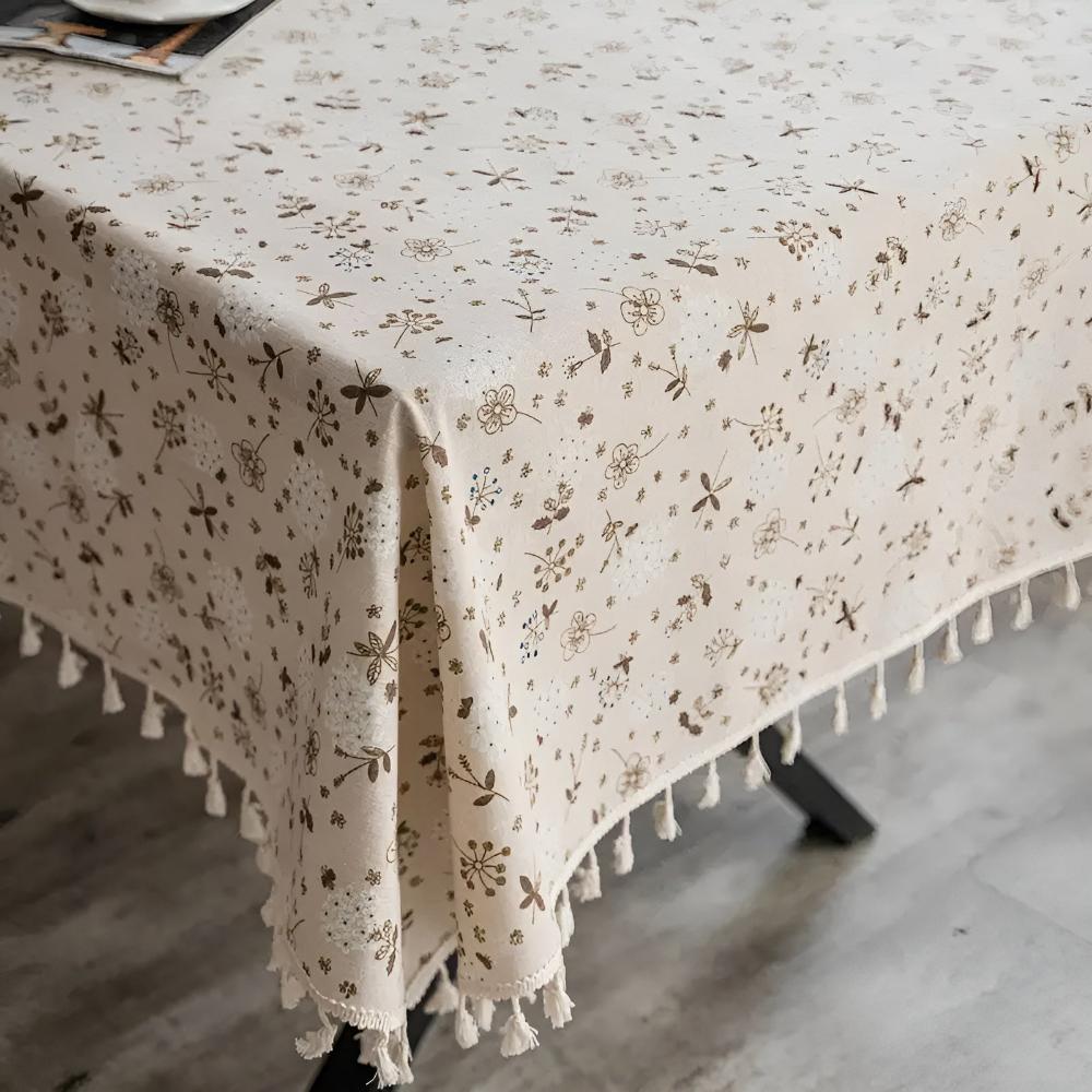 Beige Bohemian Floral Tassel Tablecloth