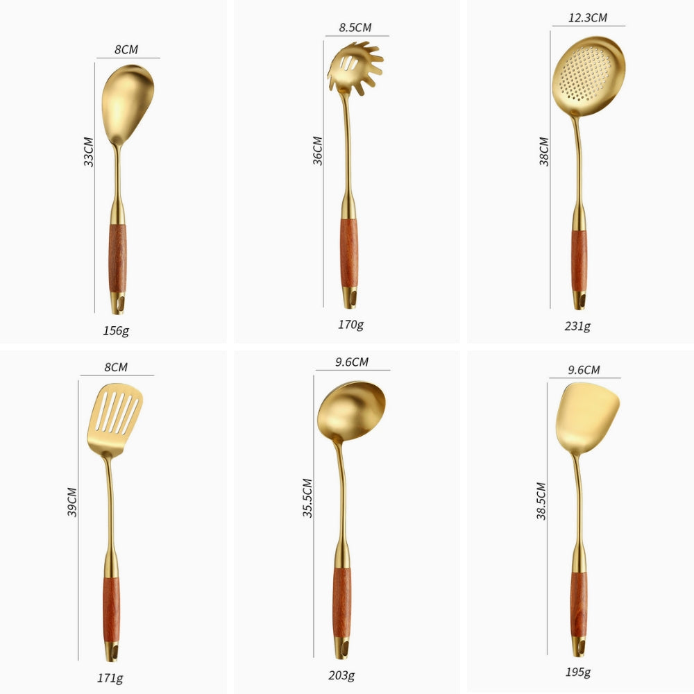 Golden Stainless Steel Kitchen Utensil Set with Wooden Handles