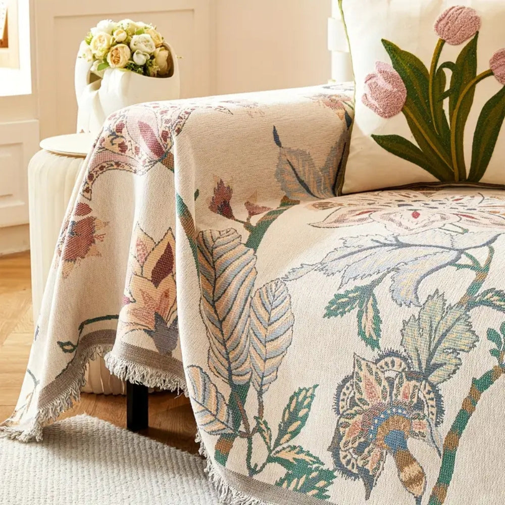 Reversible Floral Jacquard Sofa Cover with Tassels