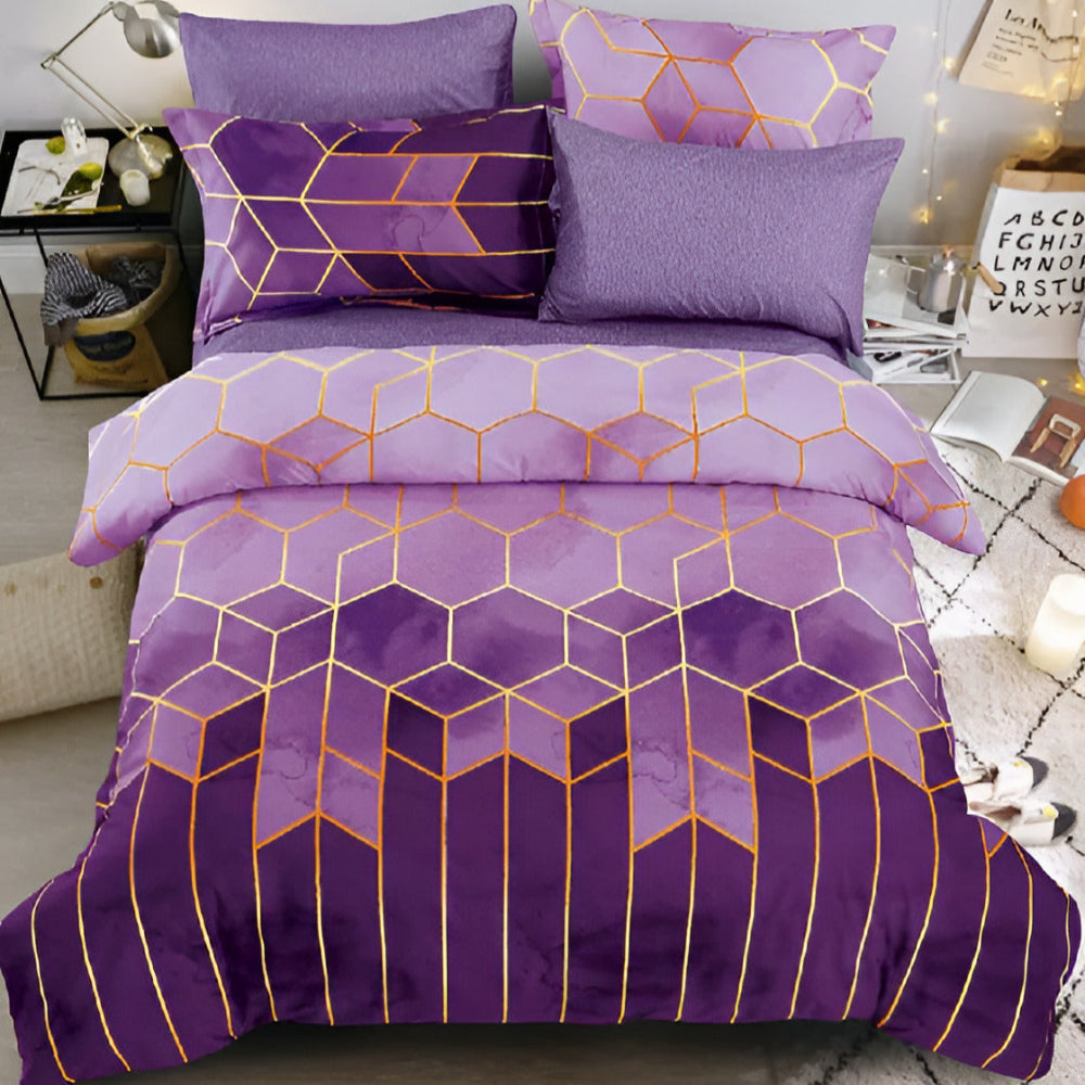 Golden Cosmo Hive Duvet Cover Set with Geometric Design - 3 Pieces