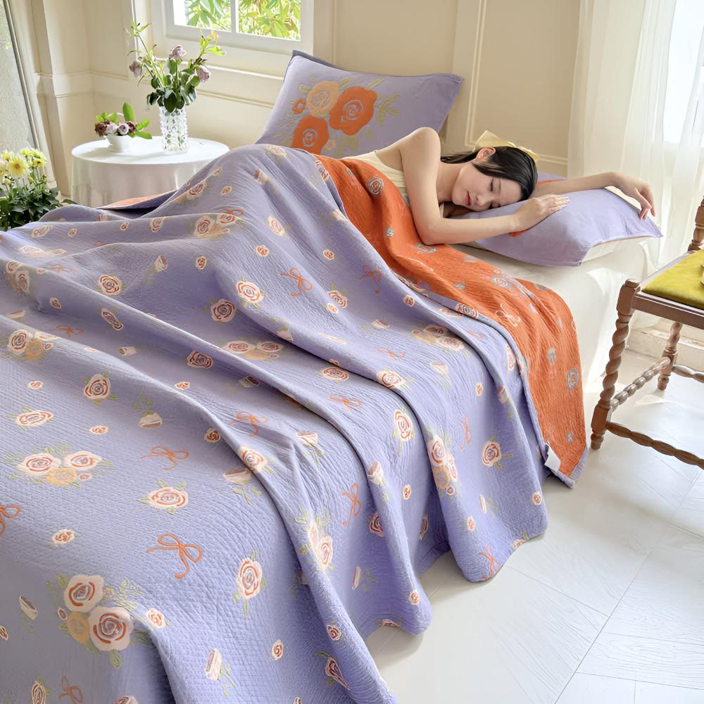 Reversible Bow-Knot and Rose Cotton Gauze Blanket