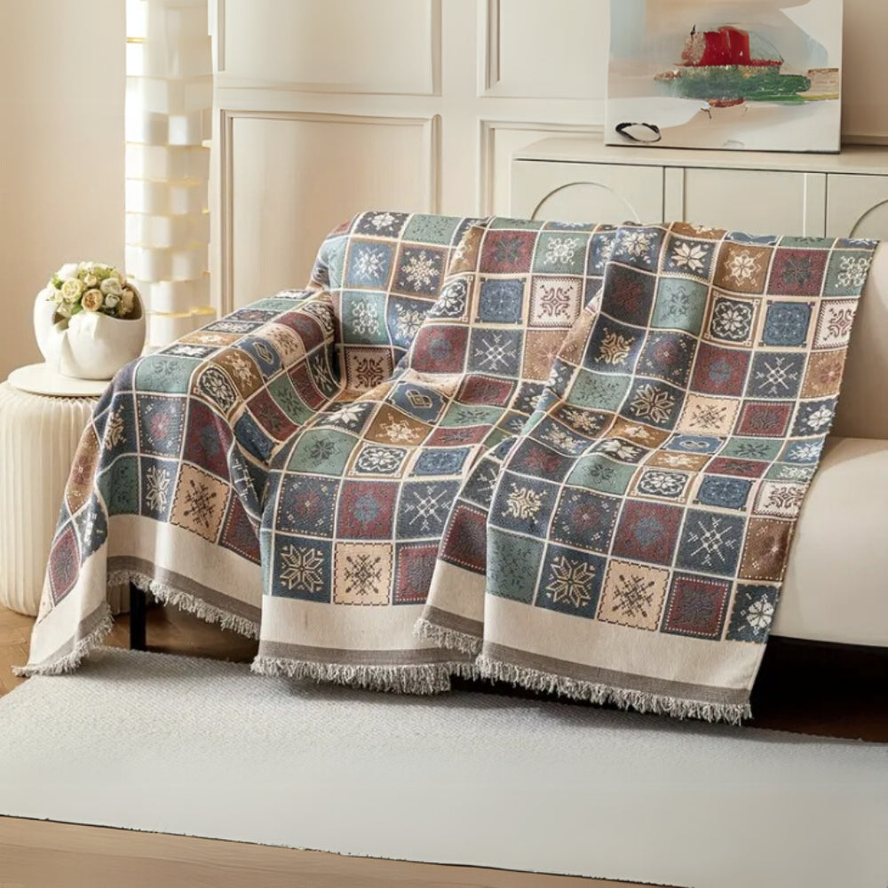 Reversible Boho Chenille Sofa Cover with Tassels