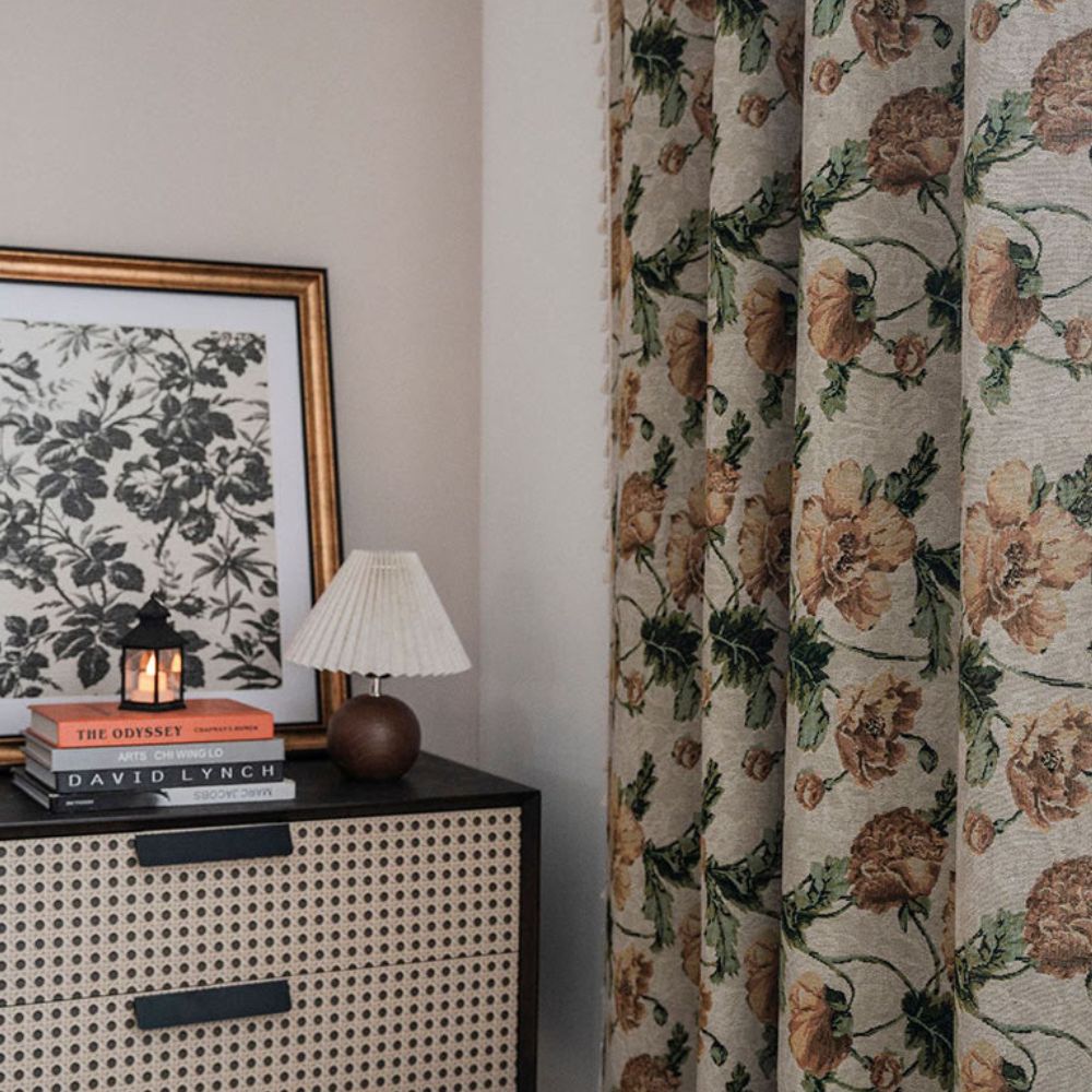 Beige Floral Light Filtering Curtain with Tassels