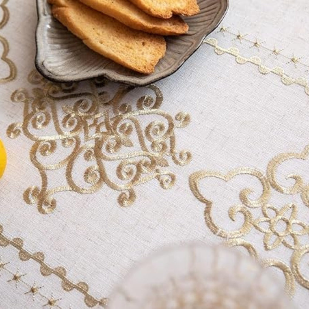 Embroidered Ivory Tablecloth with Jacquard Detailing