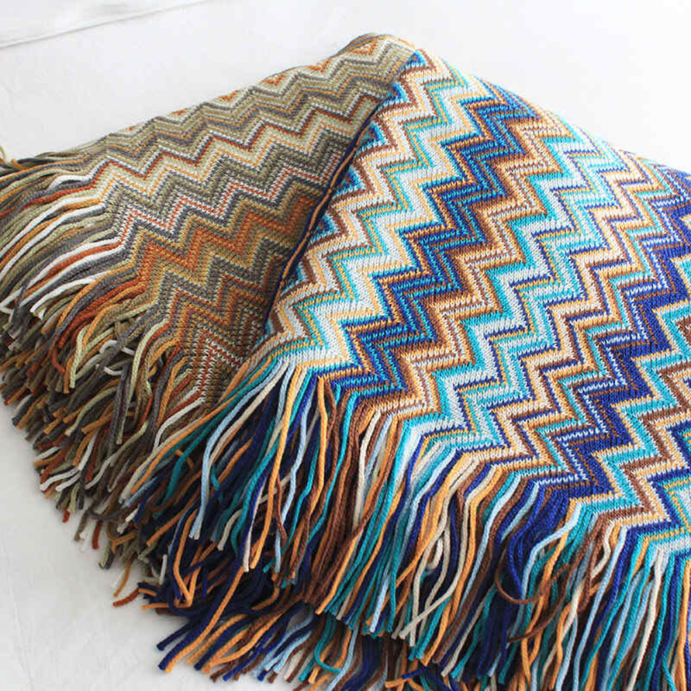 Multicolor Boho Zigzag Knit Throw Blanket with Tassels