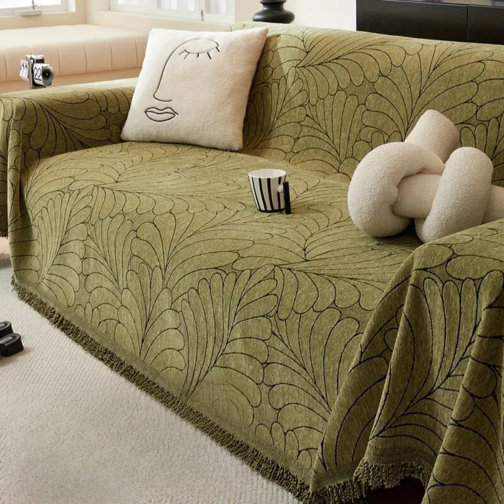 Reversible Jacquard Leaf Sofa Cover in Olive Green or Charcoal Gray