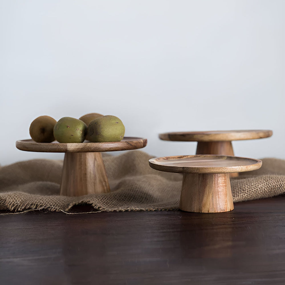 Round High Stand Wooden Cake Plate in Natural Finish