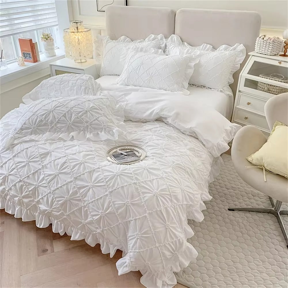 Cotton Plush Ruffle Bedding Set with Pinch Pleats