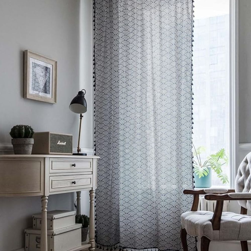 Navy Blue Fish Scale Light Filtering Curtain