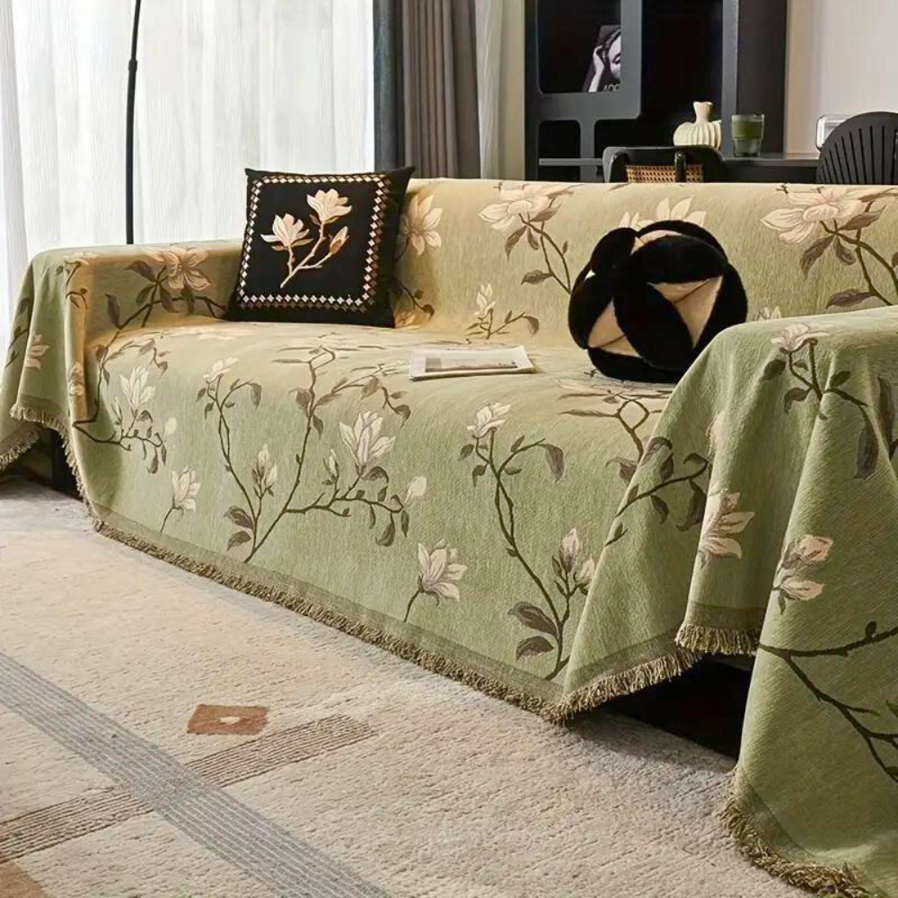 Vintage Floral Chenille Sofa Protector with Tassels