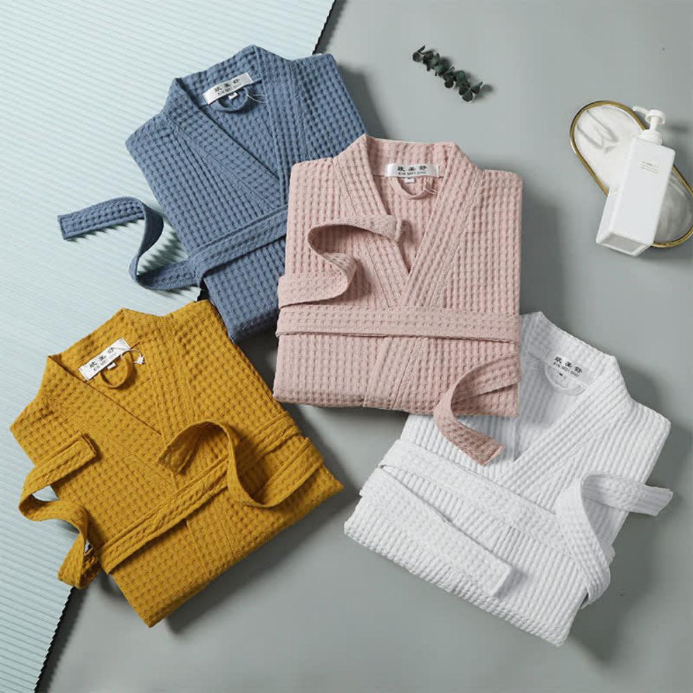 Waffle V-neck Cotton Bathrobe with Pockets