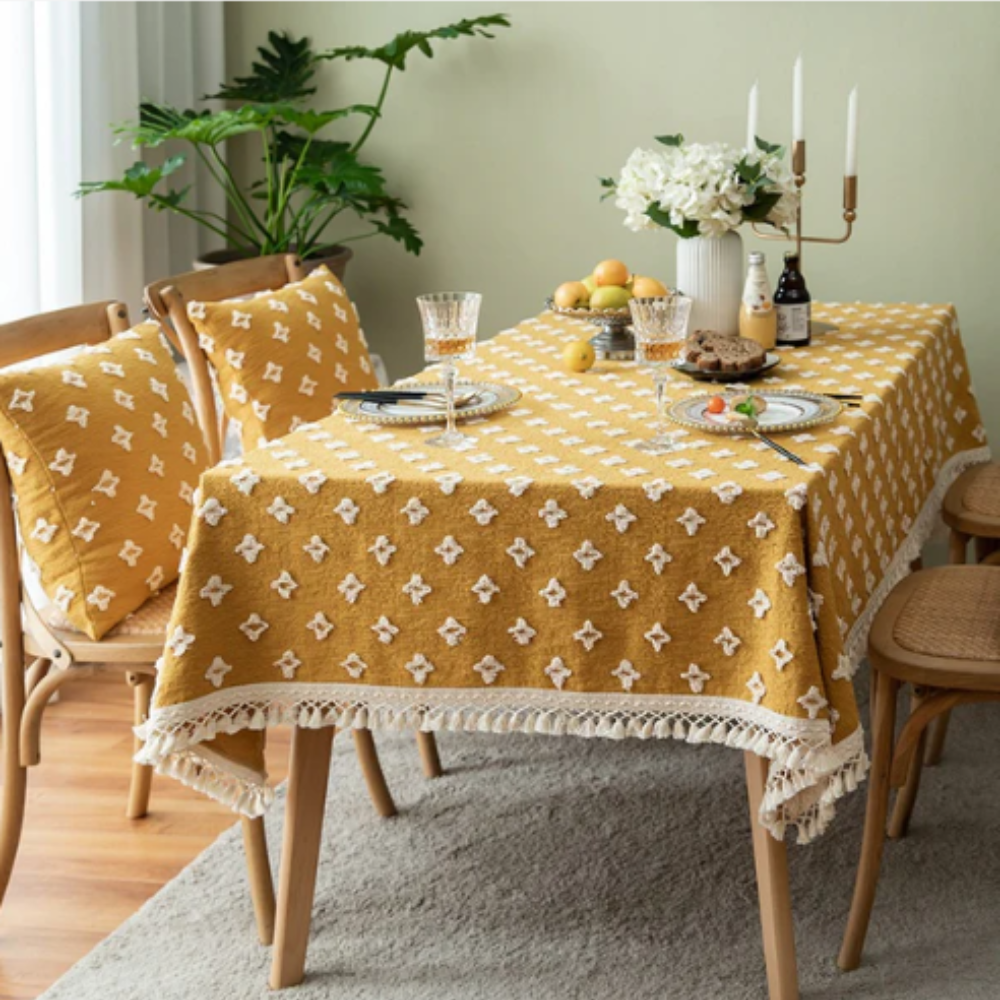 Yellow Embroidered Cotton Tablecloth with Tassels
