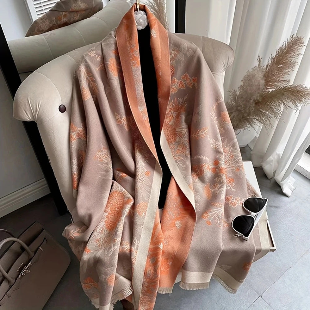 Reversible Floral Jacquard Scarf with Fringe Detail