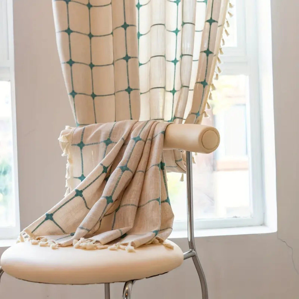 Turquoise Lattice Boho Tassel Semi-Blackout Curtain