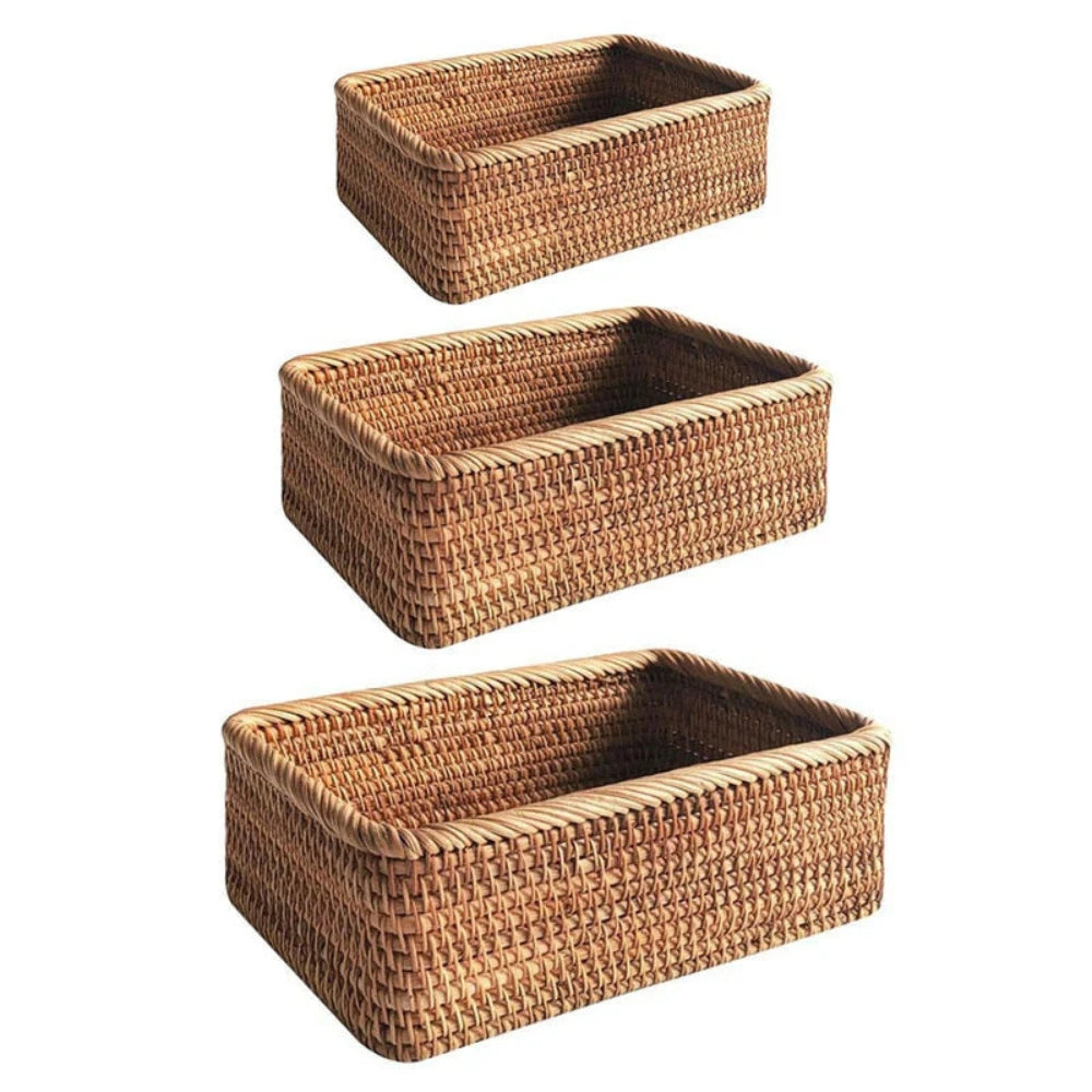 Hand-Woven Rectangular Rattan Storage Basket
