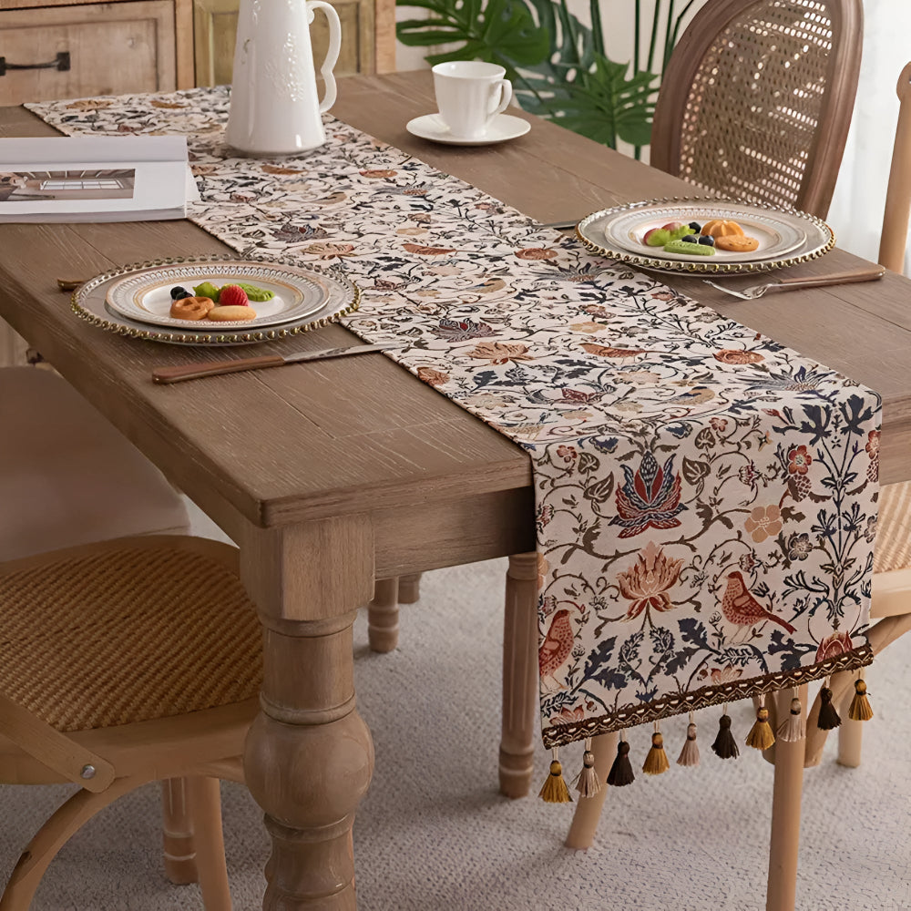 Vintage Floral Bird Jacquard Table Runner with Tasselled Edges
