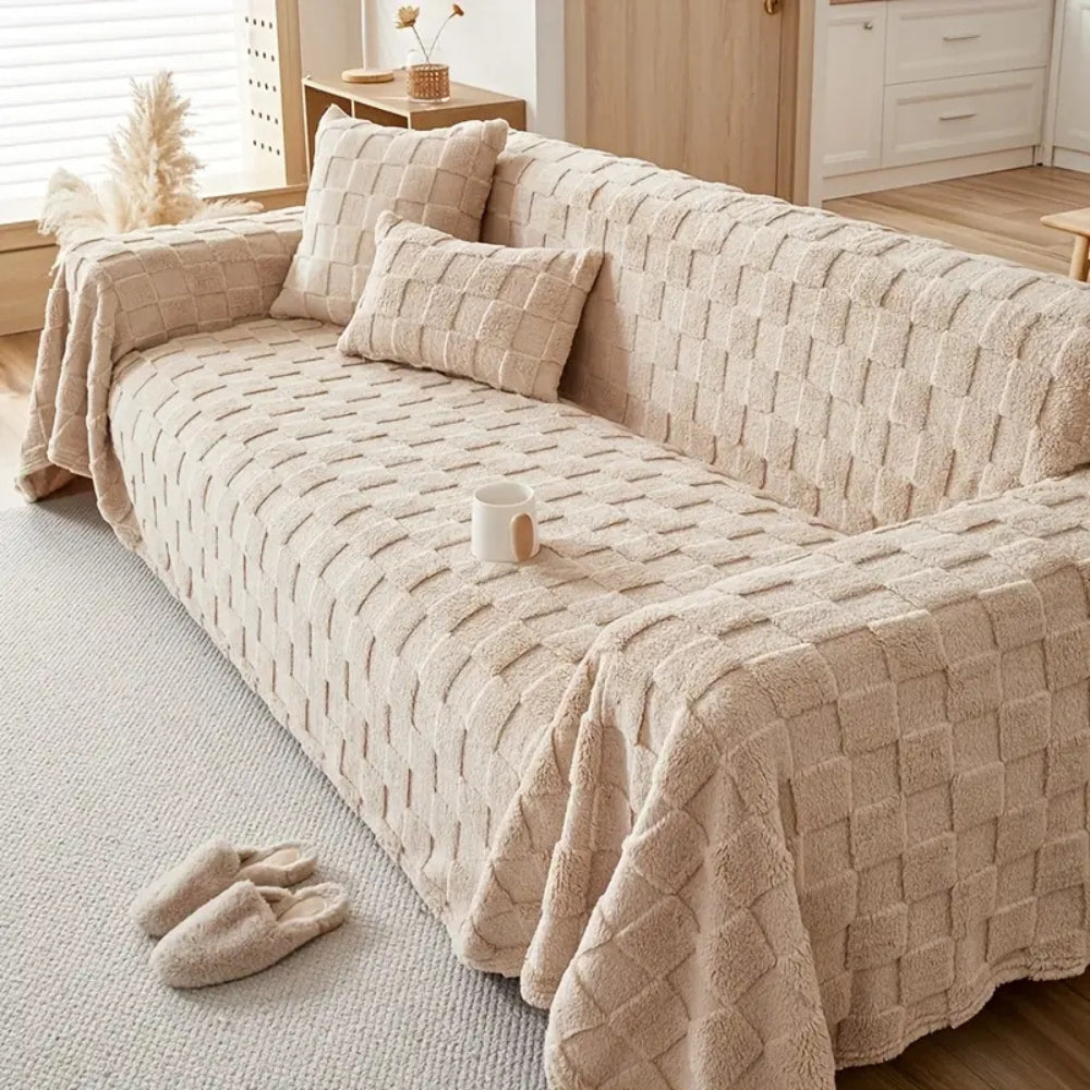 Checkered Plush Velvet Sofa Cover for Pet-Friendly Protection