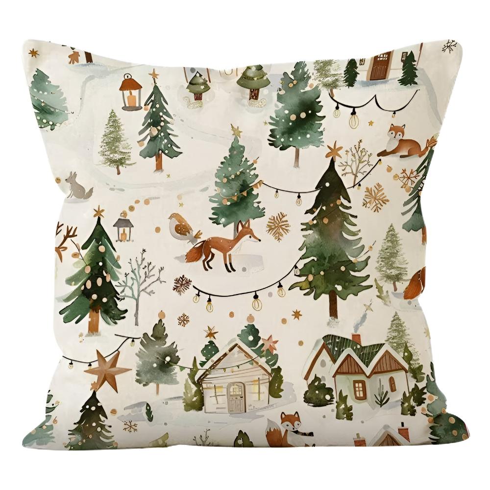 Winter Christmas Cushion Cover with Snowman and Reindeer Prints