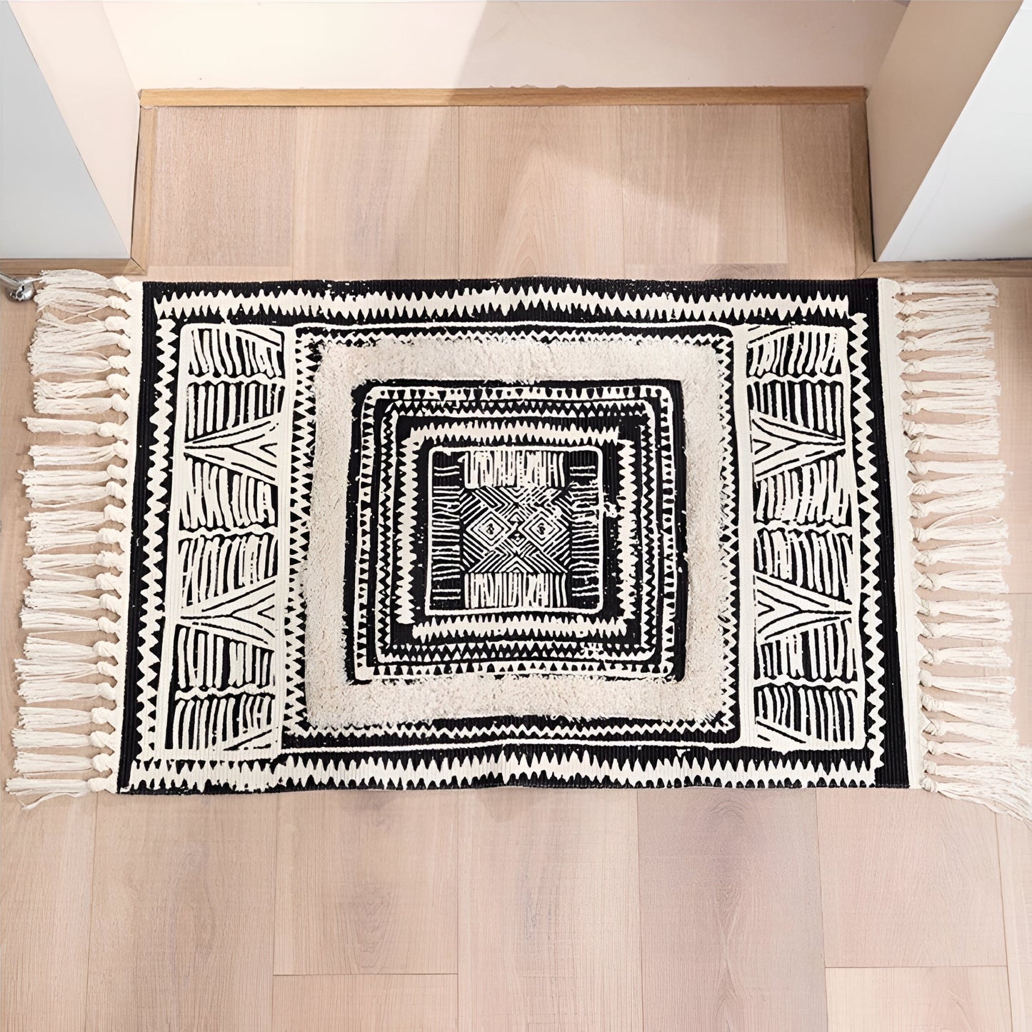 Boho Black and White Geometric Tassel Floor Mat