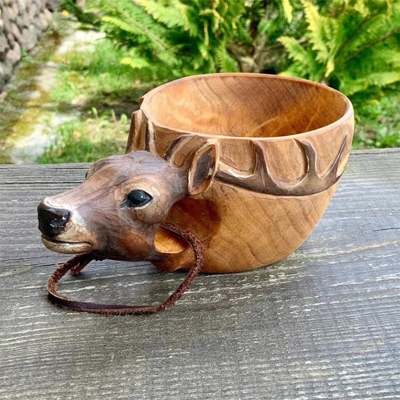 Hand-Carved Wooden Camping Mug with Leather Strap