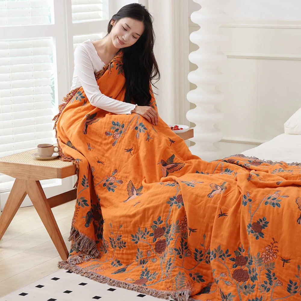 Ornate Jacquard Cotton Blanket with Tasseled Edges