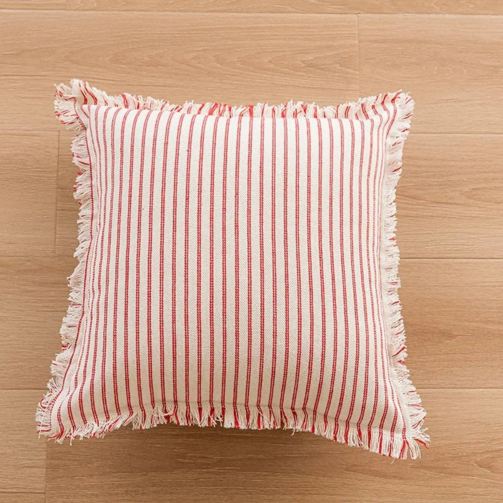 Striped Cotton-Linen Cushion Cover with Fringe