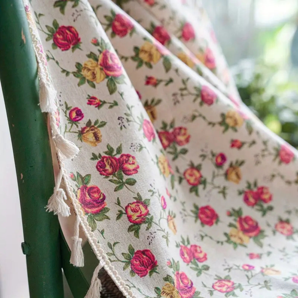 Floral Tasseled Semi-Sheer Cotton Curtain