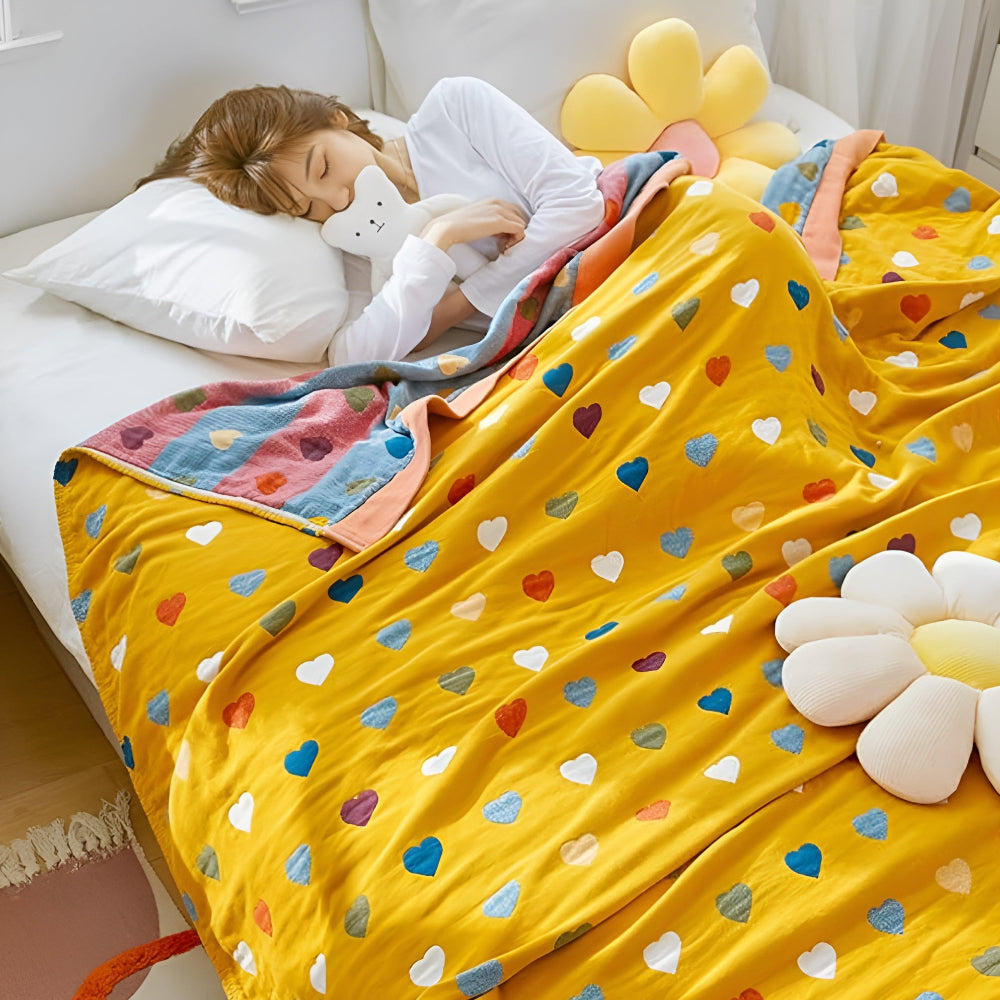 Reversible Cotton Blanket with Whimsical Heart Patterns